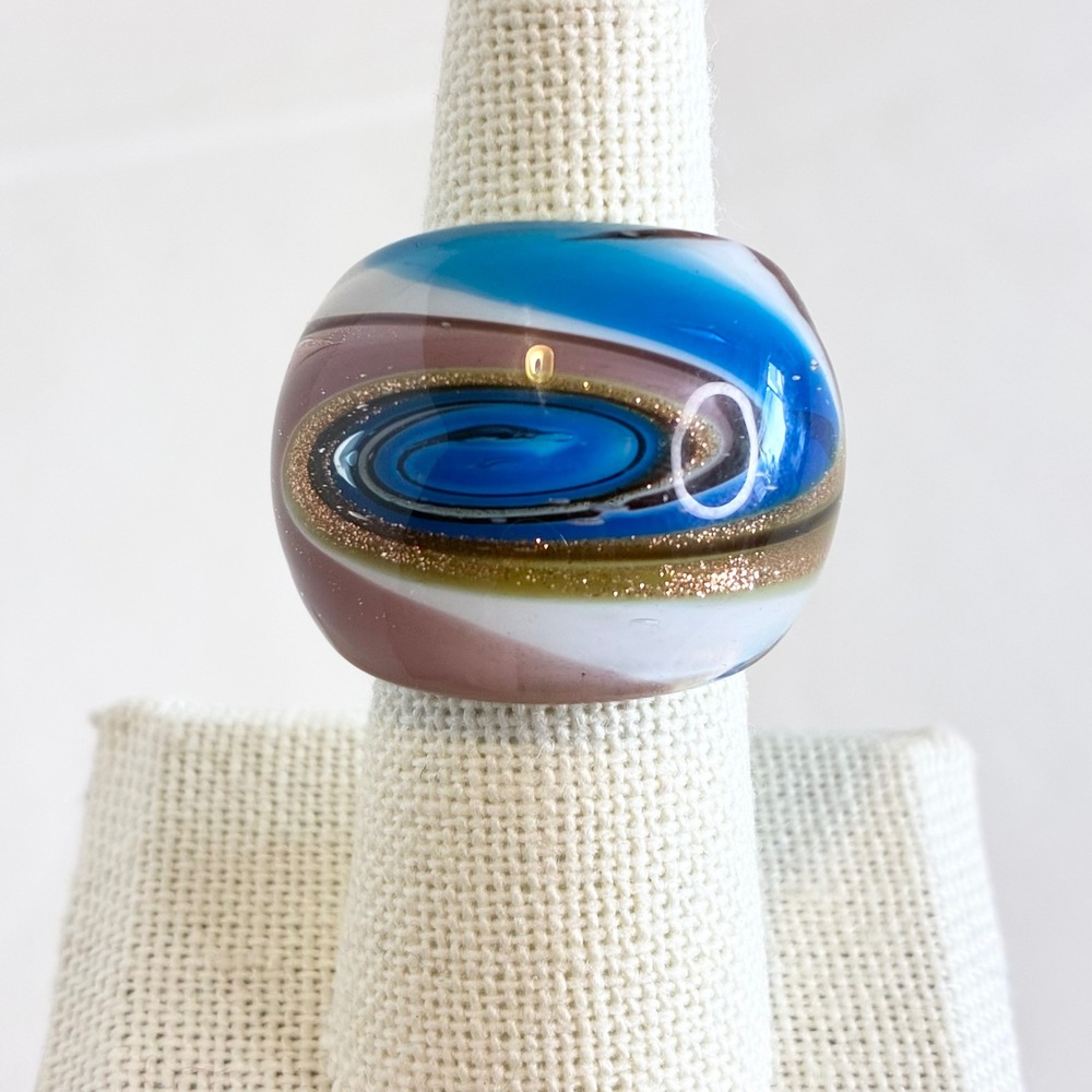 Vintage Murano Ring Art Glass Swirl Dome Gold Aventurine Blue Size 7.5